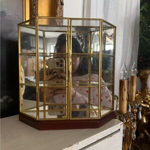 Glass and Brass Display Case with Wood Base